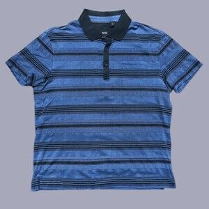 Hugo Boss Regular Fit Striped Blue Black Polo Shirt Cotton Blend Mens Size Small